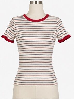 gaze Cream Striped Ruffle Sleeve Tee with Red Trim